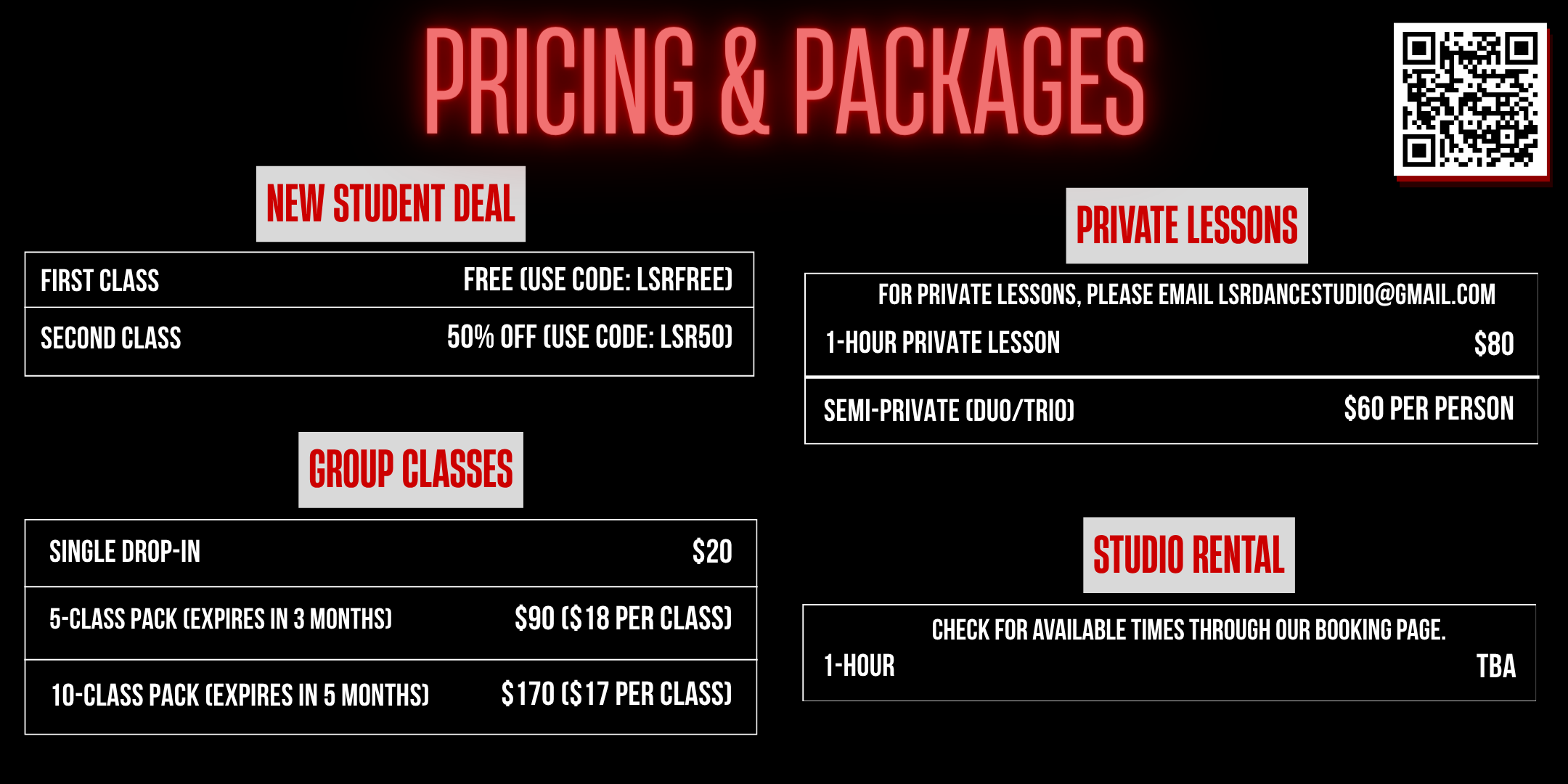 LSR Dance class prices and packages
